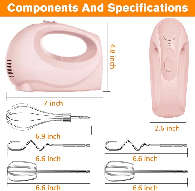 Handmixer Electric Handheld - 7 Speed Portable Kitchen Mixer Electric with 5 Stainless Steel Accessories Whisk, Food Beater for Whipping Mixing Cookies Cakes Home (CX6613-PK)