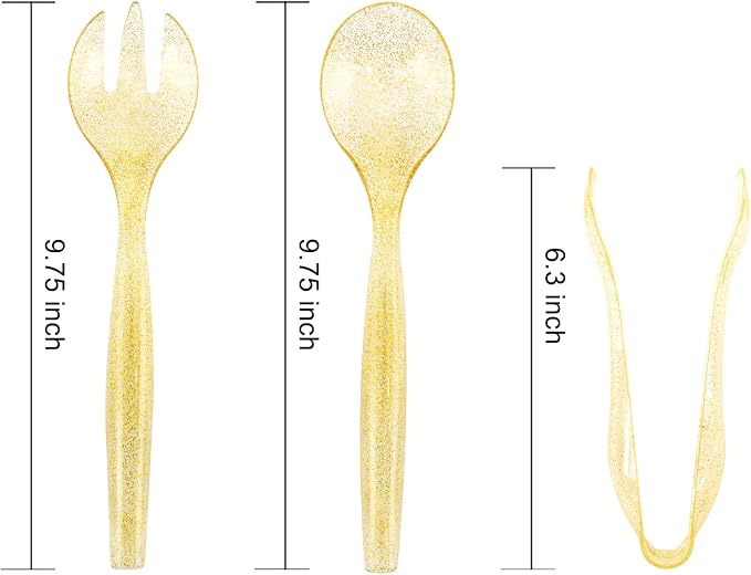 72pcs Gold Glitter Plastic Serving Utensils Set for Party &Buffet | 24 Serving Spoons(10"), 24 Forks (10")& 24 Tongs(6"), Clear Gold Disposable Serving Utensils for Weddings, Birthdays