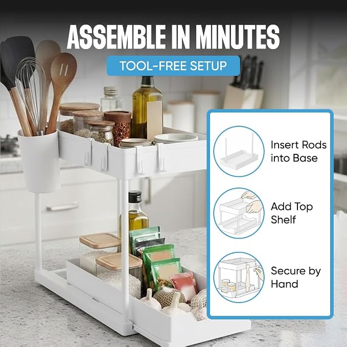 Undersink Organizer, 2-Tier Under Sink Storage Rack with Sliding Drawers for Kitchen Bathroom Cabinets, Pull Out Organizer for Pantry, Laundry Room & Closet Organization - 1 Pack, White