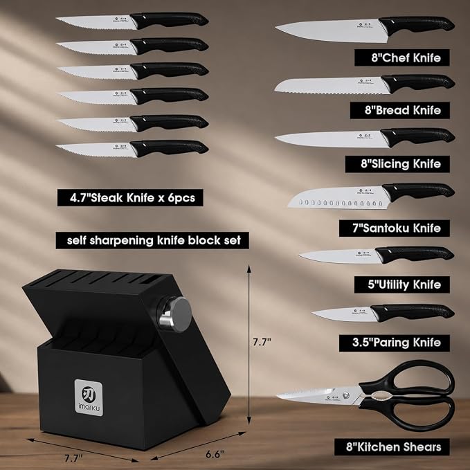 imarku 14-Pieces Stainless Steel Knife Set with Build-in Sharpener，Black | Kitchen Knife Set with Block|15°Precision Edge|56±2 HRC Hardness|Built-in sharpener|Ergonomic handles|Dishwasher safe