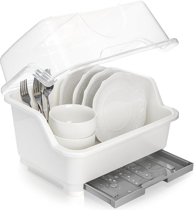 Plastic Dish Drying Rack with Clear Cover Lid, Dust-Proof | Desktop Plate Cup Dryer Holder with Lid Cover, Cutlery Utensil Dish Nursing Bottle Organizer for Tableware, Kitchen Cabinet