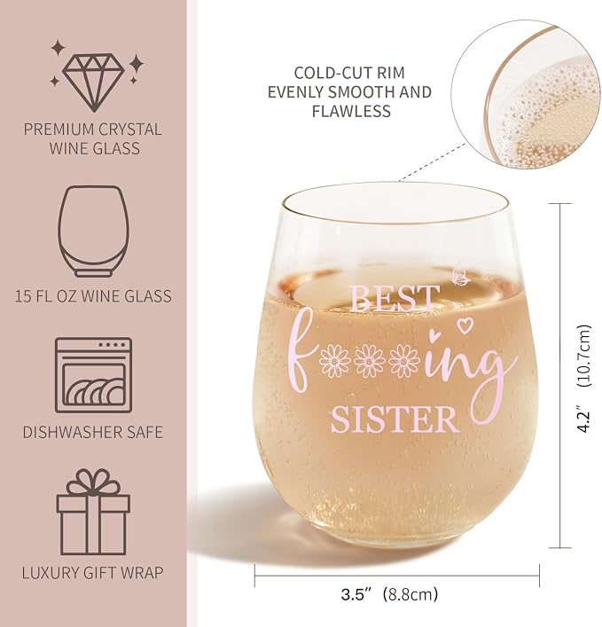 Sister Birthday Gifts,Funny Wine Glass,15oz Crystal Glass,Dishwasher Safe | ﻿ Best Friend Birthday Gifts For Women – Sister Gift - Unique Birthday Gifts for Sister