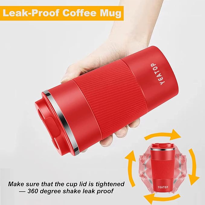 16 oz Insulated Travel Coffee Mug Spill Proof Leak proof, Reusable Thermal Coffee Cup, Stainless Steel Vacuum Coffee Tumbler for Hot/Cold Drinks, (Red, 510ml)