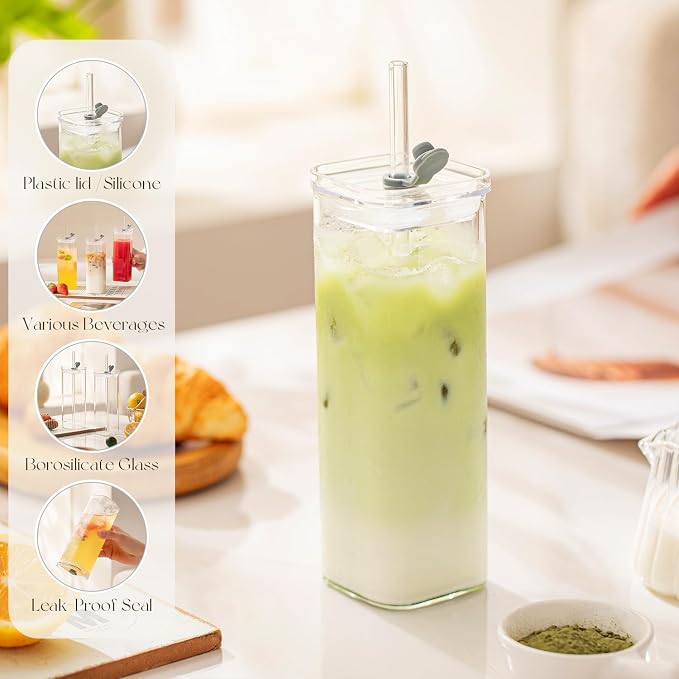 KEMORELA 12 Sets Square Drinking Glass Cups with Lids & Straws, 17 Oz Clear Highball Glasses for Cocktail, Iced Coffee, Juice, Beer - Modern Glass Tumblers