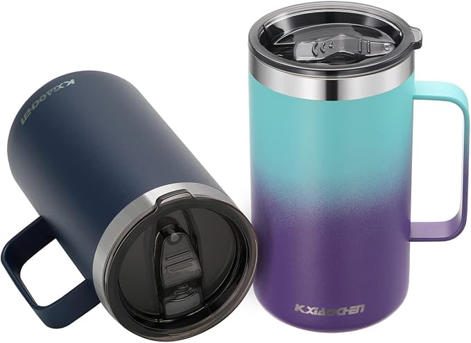 KXIAOCHEN 2-Pack 20 oz Insulated Coffee Mugs, Coffee Cups with Wide Handles | 18/8 stainless steel, sliding lids, 6+ hours hot or 12+ hours cold, wide mouth, no-sweat, for office, home, camping and gifts