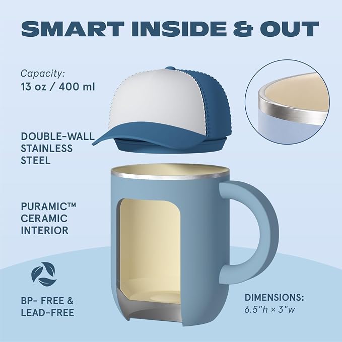 asobu Happy Hat Mug – 12 oz Double-Walled Stainless Steel Insulated Cup with Beanie-Shaped Lid – Ceramic Inner Coating – Spill-Proof and Ergonomic Design for Home and Travel (Blue)
