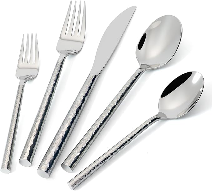 Silverware Set 60 Piece Hammered Round Handle Service for 12 | 18/10 Stainless Steel Flatware Set, Heavy Duty Utensil, Cutlery Set for Home Party Wedding, Mirror Polished Dishwasher Safe