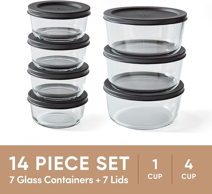 14-Piece Glass Food Storage Containers Set (7 Containers + 7 BPA-Free Lids) | 1-Cup & 4-Cup, Leakproof | Microwave, Freezer, Oven & Dishwasher Safe | Ideal for Meal Prep & Pantry Organization, Black