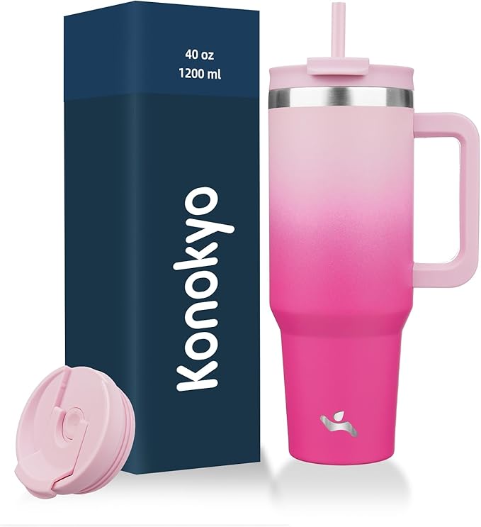 Konokyo 40 oz Insulated Tumbler Water Bottle with Handle, Straw Lid | BPA-free and dishwasher safe; made for gym, travel, coffee and gifting, 2 straws, cup holder friendly,Cherry Blossoms