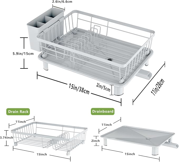 Dish Drainer Rack with Drip Tray, Sink Dish Drainer with Drainage Spout, Stainless Steel Dish Drying Rack with Cups, Utensil & Cutting Board Holders for Kitchen Counter Space-Saving, Grey