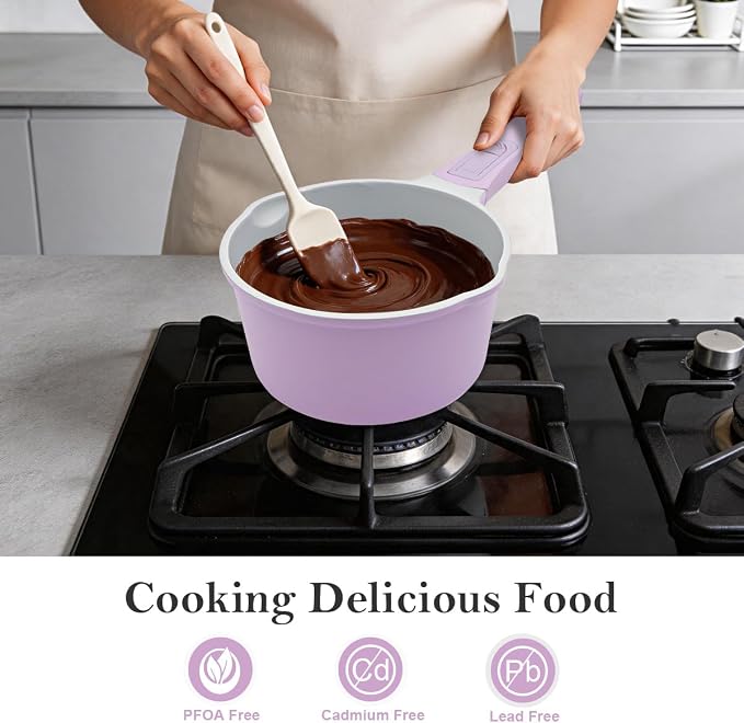 AIKENBBKK 1.5 Quarts Ceramic Nonstick Saucepan with Lid, Small Sauce Pot with Pour Spouts for Multipurpose Use, Milk Pan with Detachable Handle, Oven Safe, Purple