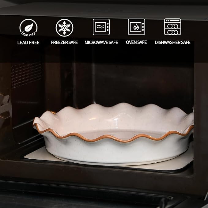 Ceramic Pie Pan for Baking[10.5 inch],Reusable NonStick Ceramic Baking Dish | Reusable NonStick Ceramic Pie Plate with Ruffled Edge,Deep and Fluted Pie Dish for Apple Pie,Quiche,Pot Pie, Tart, etc（White）