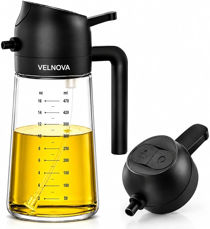 Olive Oil Sprayer for Cooking, 16oz/470ml Glass Oil Sprayer & Dispenser, 2-in-1 Oil Mister Bottle for Air Fryer, Salad, BBQ, Frying, Roasting & Kitchen, Food Grade, Leakproof, Refillable