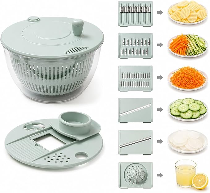 5-Blade Salad Spinner, Mandoline Vegetable Slicer and Juicer, Green | 304 stainless steel blades for slicing, shredding and crinkle cuts, with lettuce dryer basket, egg separator and food holder