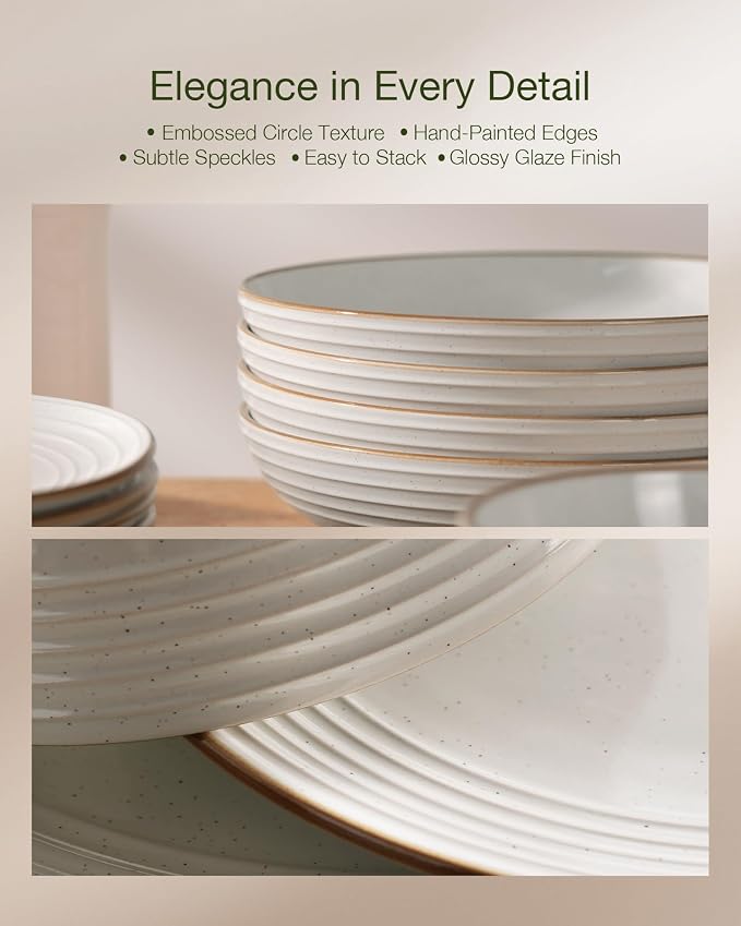 Famiware Jupiter Stoneware Dinnerware Sets with Pasta Bowls, Dishes for 4 | 16 pcs Speckled Plates and Double Bowls with Rim, Chip & Scratch Resistant, Microwave & Dishwasher Safe, Modern Neutral White