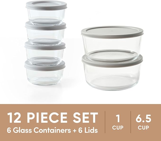 12-Piece Glass Food Storage Containers Set (6 Containers + 6 BPA-Free Lids) | 1-Cup & 6.5-Cup, Leakproof | Microwave, Freezer, Oven & Dishwasher Safe | Ideal for Meal Prep & Pantry Organization, Grey