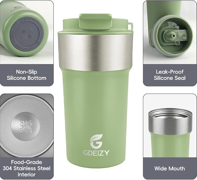 Insulated Travel Coffee Mug, 17oz Stainless Steel Leakproof Flip Straw Cup | Double Wall Vacuum Insulated, BPA-Free Material, Reusable Tumbler for Hot & Cold Drinks, Classic Black, Fits Car Cup Holders