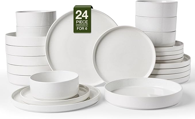 Famiware Nebula 24-Piece Dinnerware Set with Pasta Bowls, White | Stoneware Plates and Bowls, Service for 6 - Chip & Scratch Resistant, Microwave & Dishwasher Safe