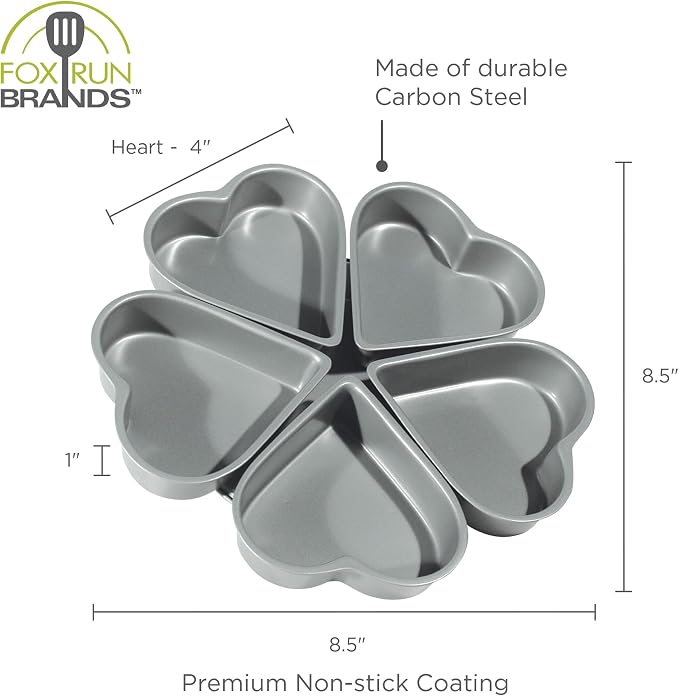 Fox Run Linked Heart Cake Pan, 4-Inch Hearts, Nonstick Heat Shaped Cake Pan | Makes 4 Mini Heart Cakes | Valentine's Day & Date Night Baking Pan | Consistent Results | 4 Inch Heart Shaped Cake Molds