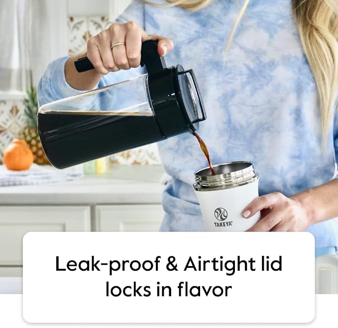 Takeya Deluxe Cold Brew Coffee Maker - BPA-Free Tritan Pitcher with Airtight Leakproof Lid, Silicone Grip Handle, Fine-Mesh Filter - Shatter-Proof, Dishwasher Safe, Made in USA - 1 Quart/White