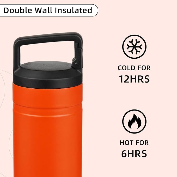 BJPKPK 20 oz Insulated Travel Water Bottle, Coffee Tumbler Stainless Steel | Double Wall Vacuum, Leakproof, Thermal, Keeps Hot/Cold, BPA Free, Dishwasher Safe, Spill Proof, Wide Mouth, 2 Lids, Orange