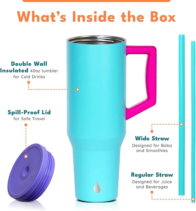 Elemental Spill Proof 40oz Insulated Tumbler with Handle & Straw Travel Mug | Stainless Steel Commuter Travel Coffee Mug for Cold Beverages, Includes 2 Straws & a Spill Proof Lid for Everyday Use