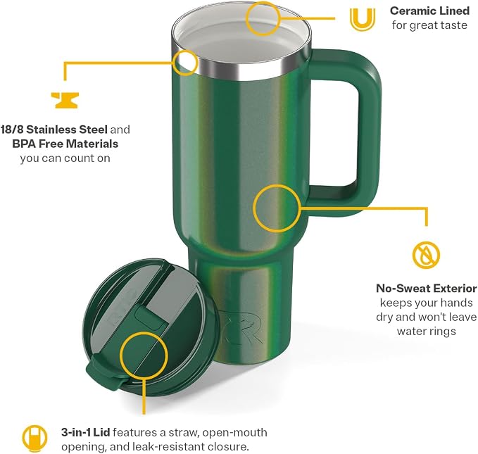 RTIC 40oz Road Trip Tumbler, Insulated, Ceramic Lined, Pine Tree Glitter | with Lid, Handle and Straw, Stainless Steel Metal Cup, Portable for Hot and Cold Drinks, Coffee, Car, Camping, Travel