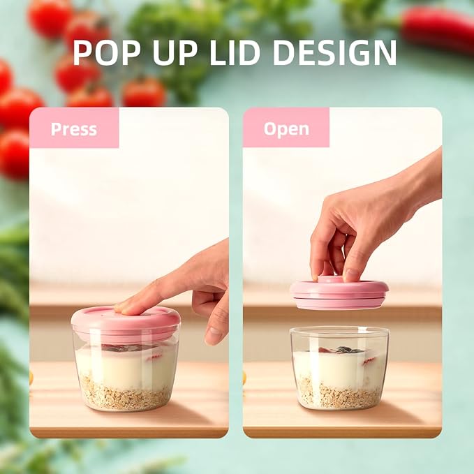 400ml Meal Prep Container Set of 4 Pink Tritan Plastic Food Storage Containers with Lids, Airtight Leakproof Pop Top Lid Bowl for Breakfast Leftovers