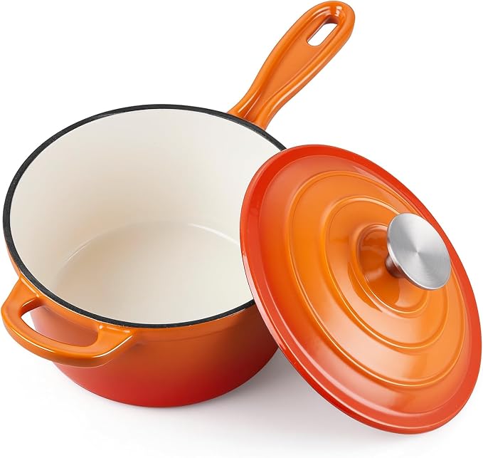 Homikit Small Cast Iron Pot, 1 QT Enameled Cast Iron Sauce Pan with Lid, Heavy Duty Enamel Dutch Oven Kitchen Cookware for Making Pasta, Boiling Soup, Warming Milk, Nonstick & Oven Safe, Flame Orange