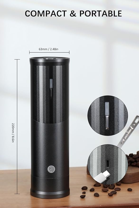 Electric Coffee Grinders, Portable Burr Grinder Capacity 50g w/Magnetic Cover,External Adjustable Setting, Aluminum Alloy Body, 800mAh Battery(Stand not Included) (Gray)
