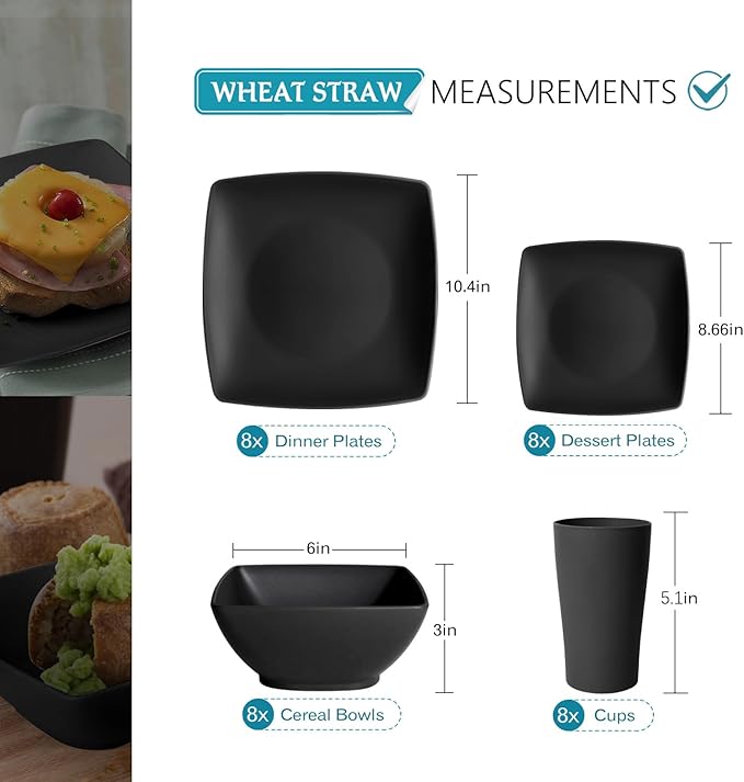 Teivio 32-piece Plastic Wheat Straw Square Dinnerware Set for 8, Unbreakable Dinner Plates, Salad Plates, Snack Bowls, Tumblers, Dishwasher Safe, Outdoor Kitchen Dinning RV Essentials Dish, Black