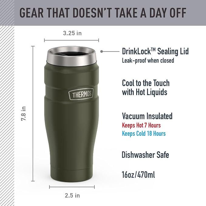 THERMOS Stainless King Stainless Steel Tumbler, 16oz, Army Green | Vacuum-Insulated Coffee Tumbler for Hot & Cold Drinks, For Commuting & Traveling