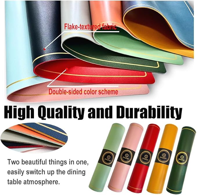 Faux Leather Placemats Set of 6, 11.8"x17.7", Green & Orange | Reversible Table Mats, Waterproof, Stain & Heat Resistant, Easy Clean for Dining, Gatherings, Outdoor