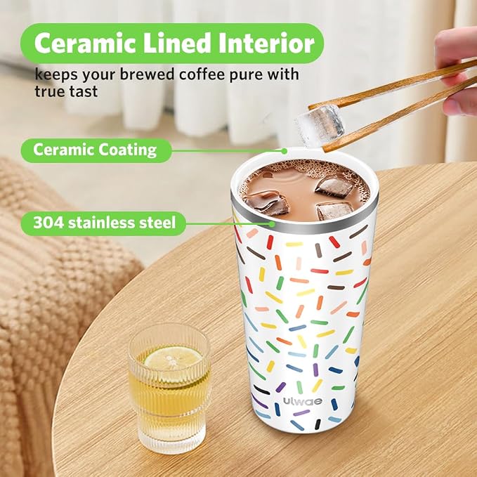 Insulated Coffee Mug with Ceramic Coating, 18oz Travel Mug with Leak-proof Lid, Vacuum Double-wall Tumbler, Stainless Steel Thermal Cup for Tea, Hot Cocoa, Cold Beverage, Ice Drinks