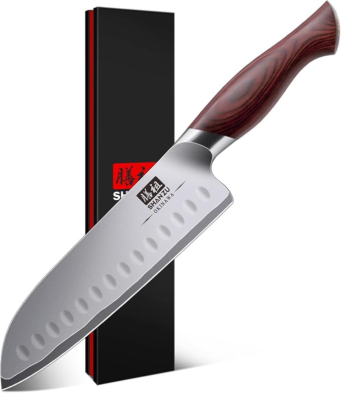 7 In Chef Knife,SHAN ZU 10Cr15Mov High Carbon Stainless Steel Santoku Knife | Japanese Ultra Sharp Professional Kitchen Cooking Knife with Ergonomic Pakkawood Handle