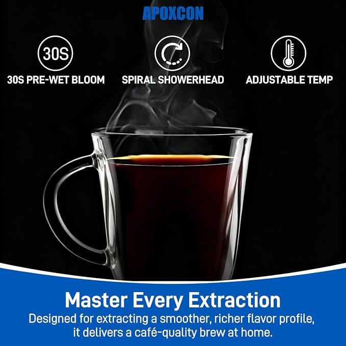 APOXCON Automatic Drip Coffee Maker for Coffee Enthusiasts -Pour Over Coffee Brewer with Programmable Timer, Hand Drip Simulation, Adjustable Strength, Built-in Scale, Glass Water Tank & Carafe