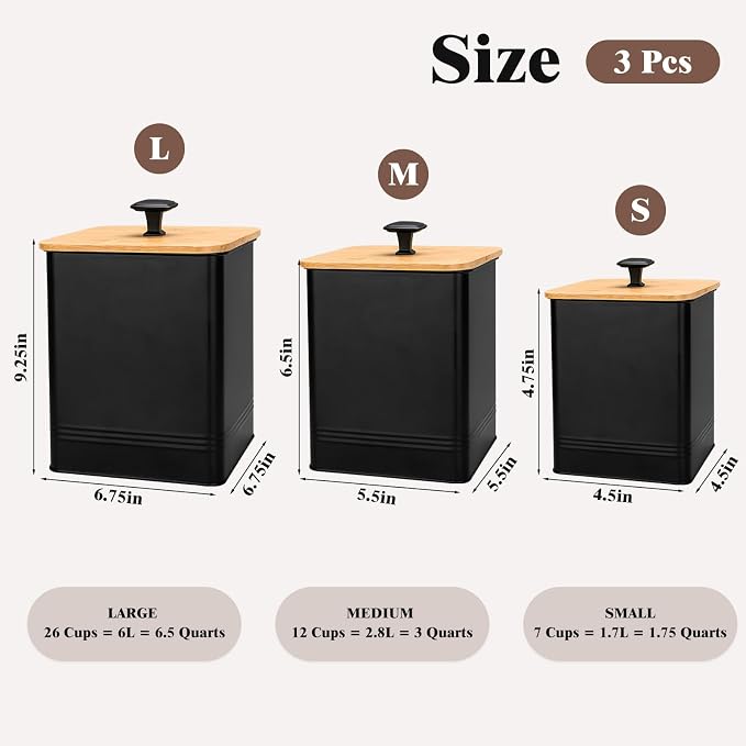 Kitchen Canisters Set of 3, Metal Flour Sugar Storage Containers with Airtight Lids-Canisters Sets for Kitchen with Customizable Chalkboard Labels & Marker Pen-Spice, Coffee Storage Jars(Black)