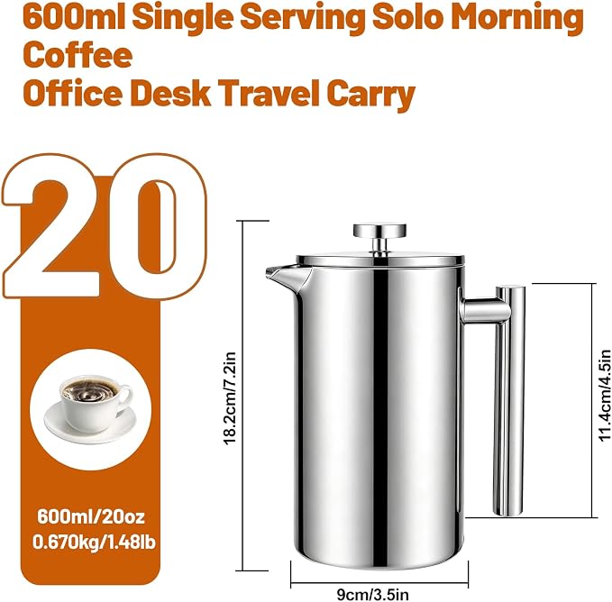 304 Thickened Stainless Steel 600ml French Press 20.29oz Moka Pot | Coffee Maker French Coffee Presses Cold Brew Cafetera Tea pot for Home & Camping Gifts Decor Bar Accessories Silver