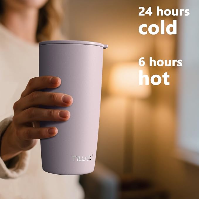 TILUCK 20 oz Insulated Coffee Tumbler with BPA-Free Lid | Travel Coffee Mug, Dishwasher Safe, Cup Holder Friendly,Double-Wall Vacuum Insulation for Hot & Cold Drinks, MatteLightPurple