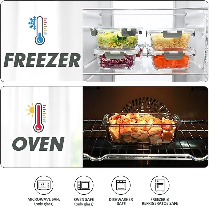VERONES 12 Packs Glass Food Storage Containers Set with Lids, Grey | Airtight Glass Lunch Containers, Glass Meal Prep Containers with Lids, for Microwave, Oven, Freezer & Dishwasher Friendly
