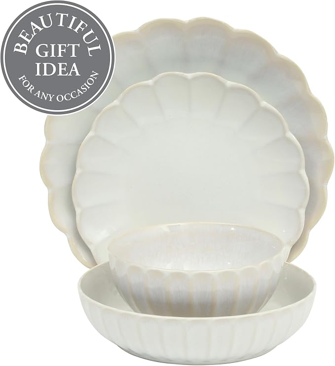 Gibson Elite Malibu Shore 16 Piece Scallop Stoneware Reactive Glaze (Service for 4) Ceramic Plates and Bowls Dinnerware Set - Shiny Cream White