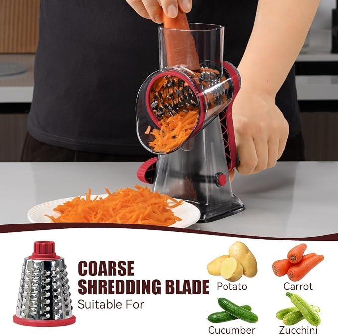 Rotary Cheese Grater Pro 6 in 1 - Shredder Crinkle Slicer Grinder Ice Shaver, Stable Suction, Time-saving Easy Use & Clean, Safe Morden Kitchen Tool for Cheese, Vegetable, Nuts, Chocolate