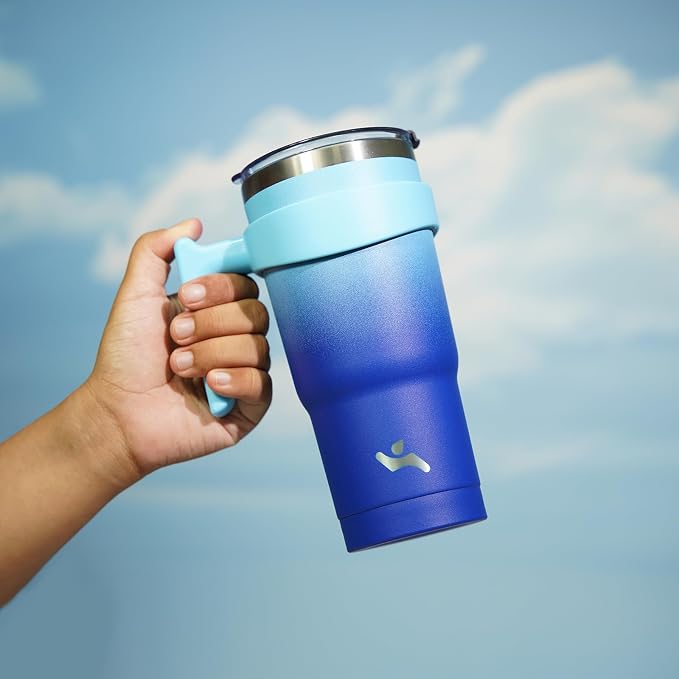 Konokyo 20 oz Tumbler with Handle and Straw, Insulated Travel Mug | Sky; BPA-free, leak-proof tumbler with 2 lids, 2 straws, cup holder fit for coffee, office, travel & daily use