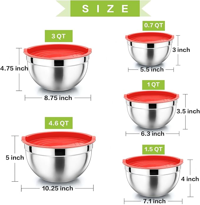 P&P CHEF Metal Mixing Bowls with Lids Set, Airtight Lids & Red | 5 PCS Stainless Steel Mixing Nesting Bowls for Kitchen Prepping, Storing, Healthy & Easy Clean, Size 4.6, 3, 1.5, 1, 0.7 QT