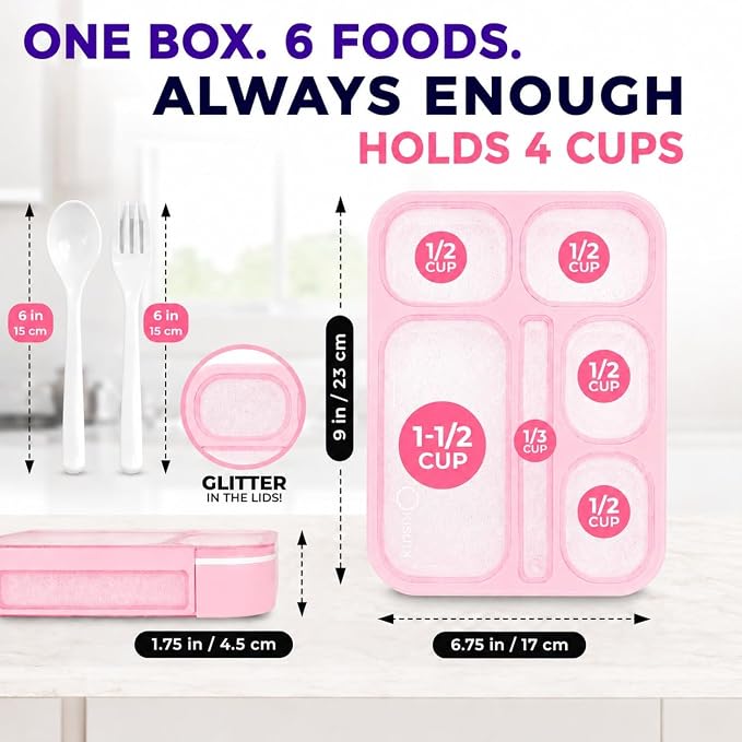 kinsho Glitter Bento Box Lunch Box for Kids Girls, Cute School Snack Meal Prep Container for Lunches, Pink