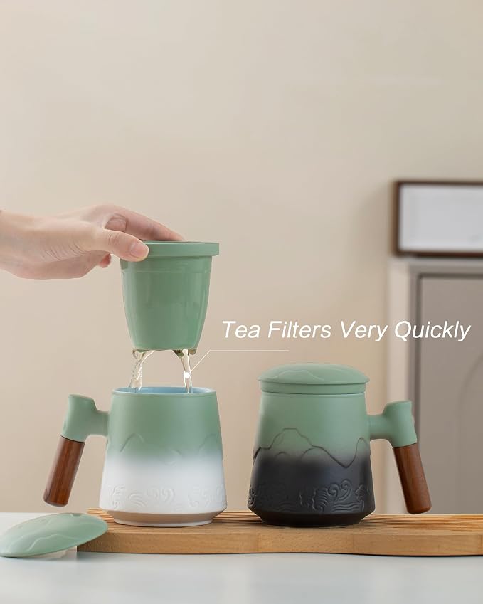 ZENS Tea Infuser Mug with Lid & Coaster for Loose Leaf Tea Steeper, 15oz | Embossed Ceramic Tea Cup with Infuser for Loose Tea Difussers, Tea Lovers Gifts, Nature Wood Handle, White