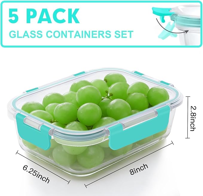 VERONES 5 PACK 36 OZ Glass Meal Prep Containers Set with Lids, Green | Airtight Glass Lunch Containers Set, Food Storage Containers with Lids, for Microwave, Oven, Freezer & Dishwasher Friendly