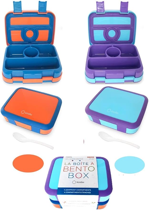 kinsho Bento Lunch Box, Boxes for Kids Toddlers Boys Girls, 4 Portion Divided Sections Secure Lid, BPA Free Removable Tray, Pre-School Kid Daycare Lunches Snack Container, Blue Purple Aqua 2 Pack Set