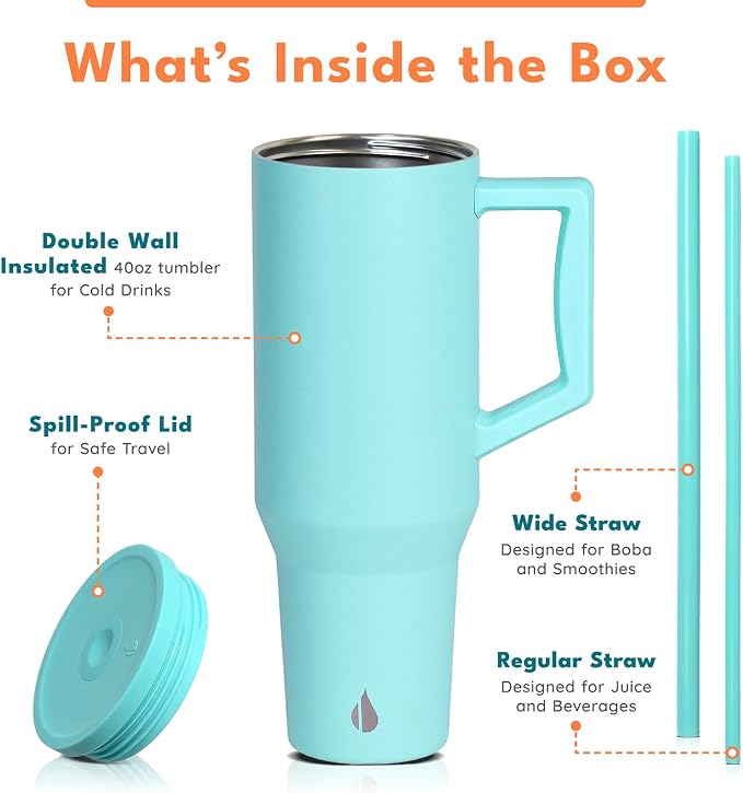 Elemental Spill Proof 40oz Insulated Tumbler with Handle & Straw Travel Mug | Stainless Steel Commuter Travel Coffee Mug for Cold Beverages, Includes 2 Straws & a Spill Proof Lid for Everyday Use