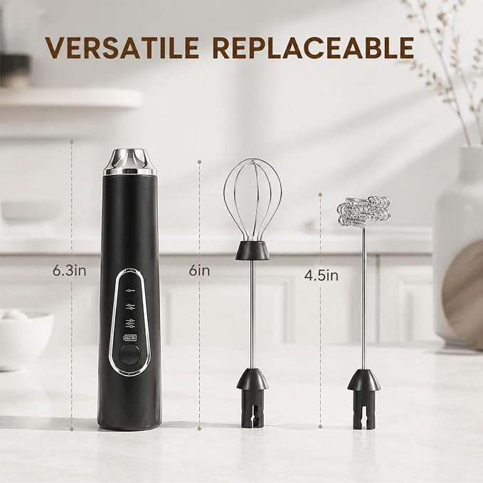 Rechargeable Handheld Milk Frother, 3-Speed & 2 Detachable Whisks,10000RPM | Electric Coffee Frother Wand for Lattes, Cappuccino, Matcha, Hot Chocolate, Protein Drinks, Kitchen Gifts